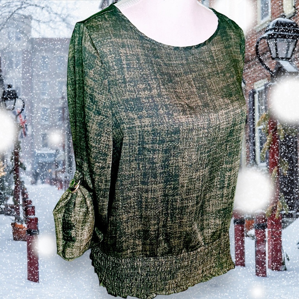 MICHAEL Michael Kors Green & Black Printed Smocked Waist Top Petite Small